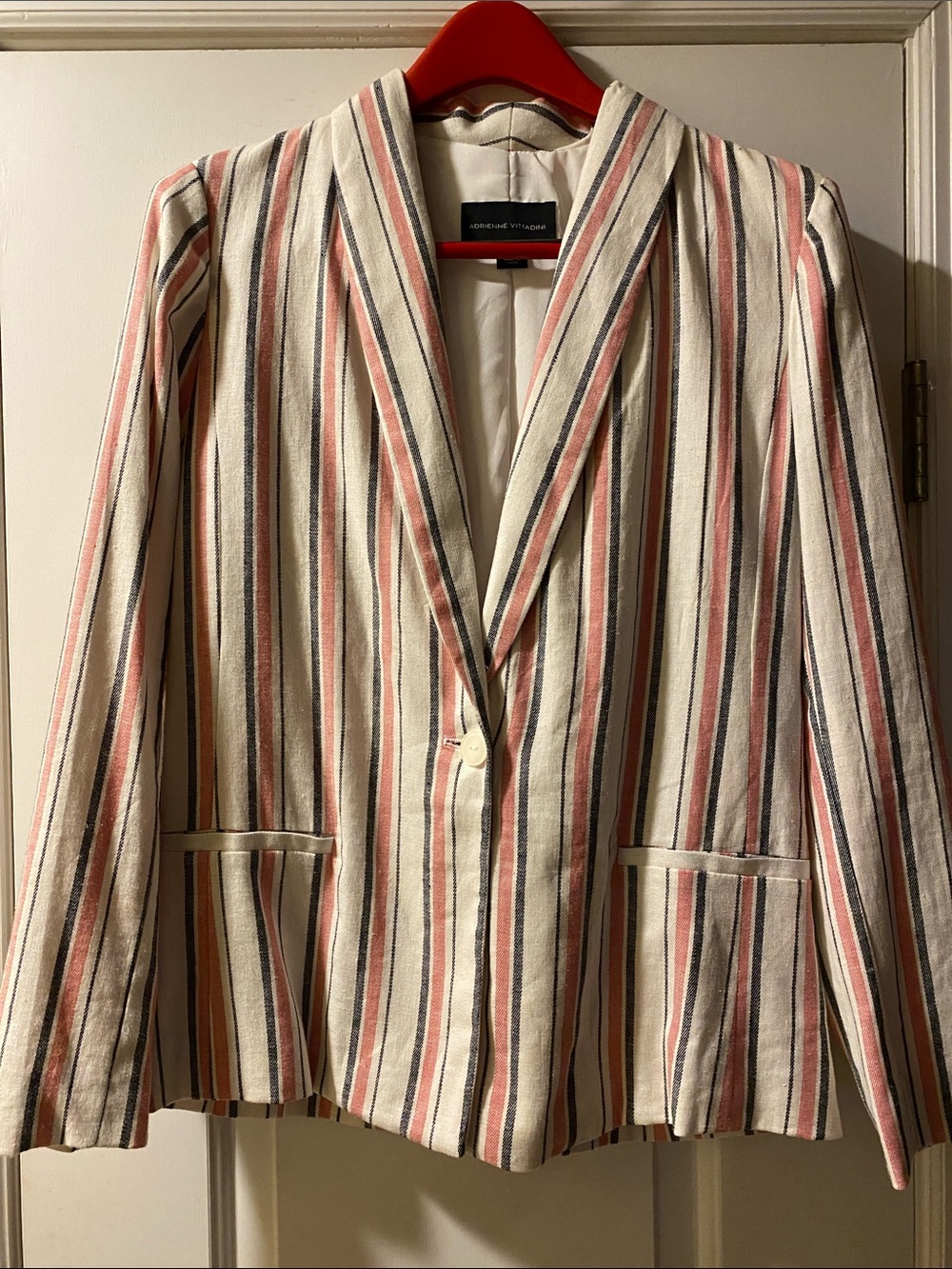 Great Summer White Pink Denim Stripe Linen Cotton Blazer Not Used
